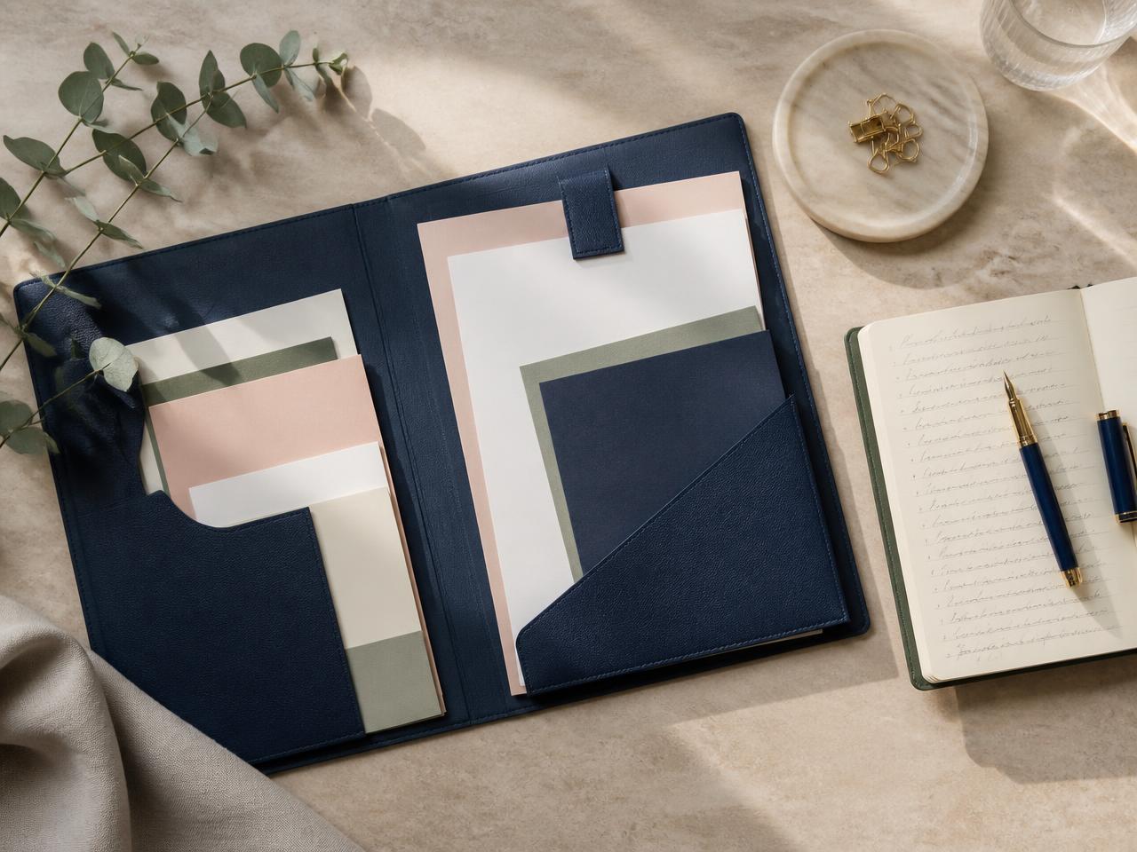 Case papers organised in a navy folder alongside a notebook